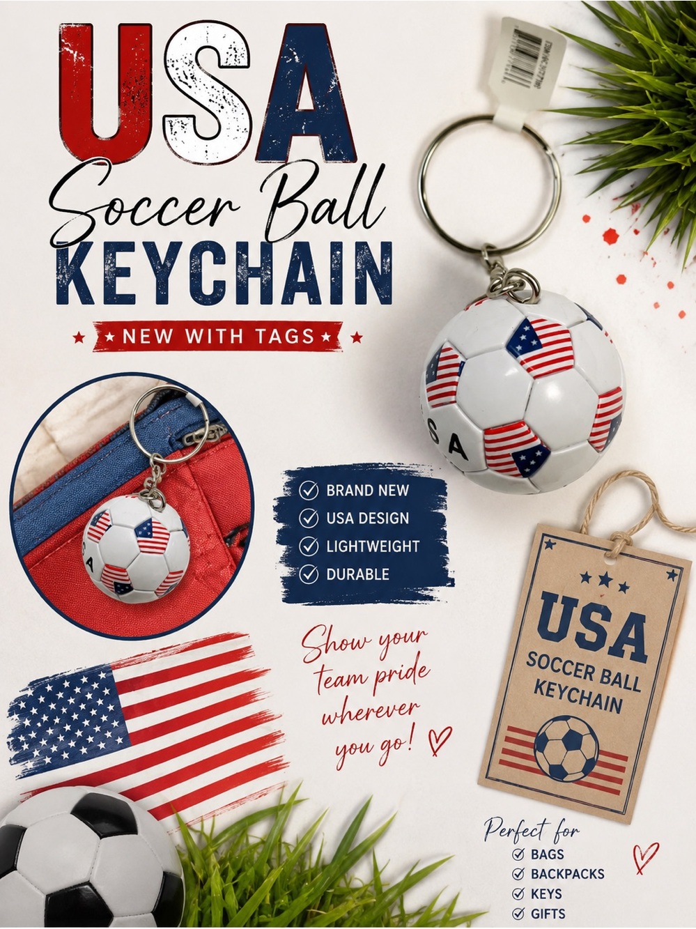 USA Soccer Ball Keychain Perfect For Bags Backpack Keys Gifts